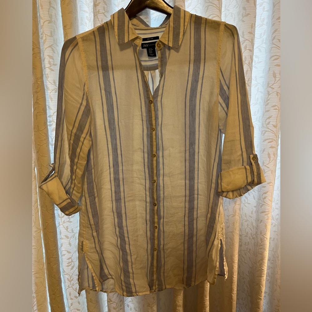 Tunic Coverup with 3/4 sleeves lovely linen. Size Medium blue & white stripe